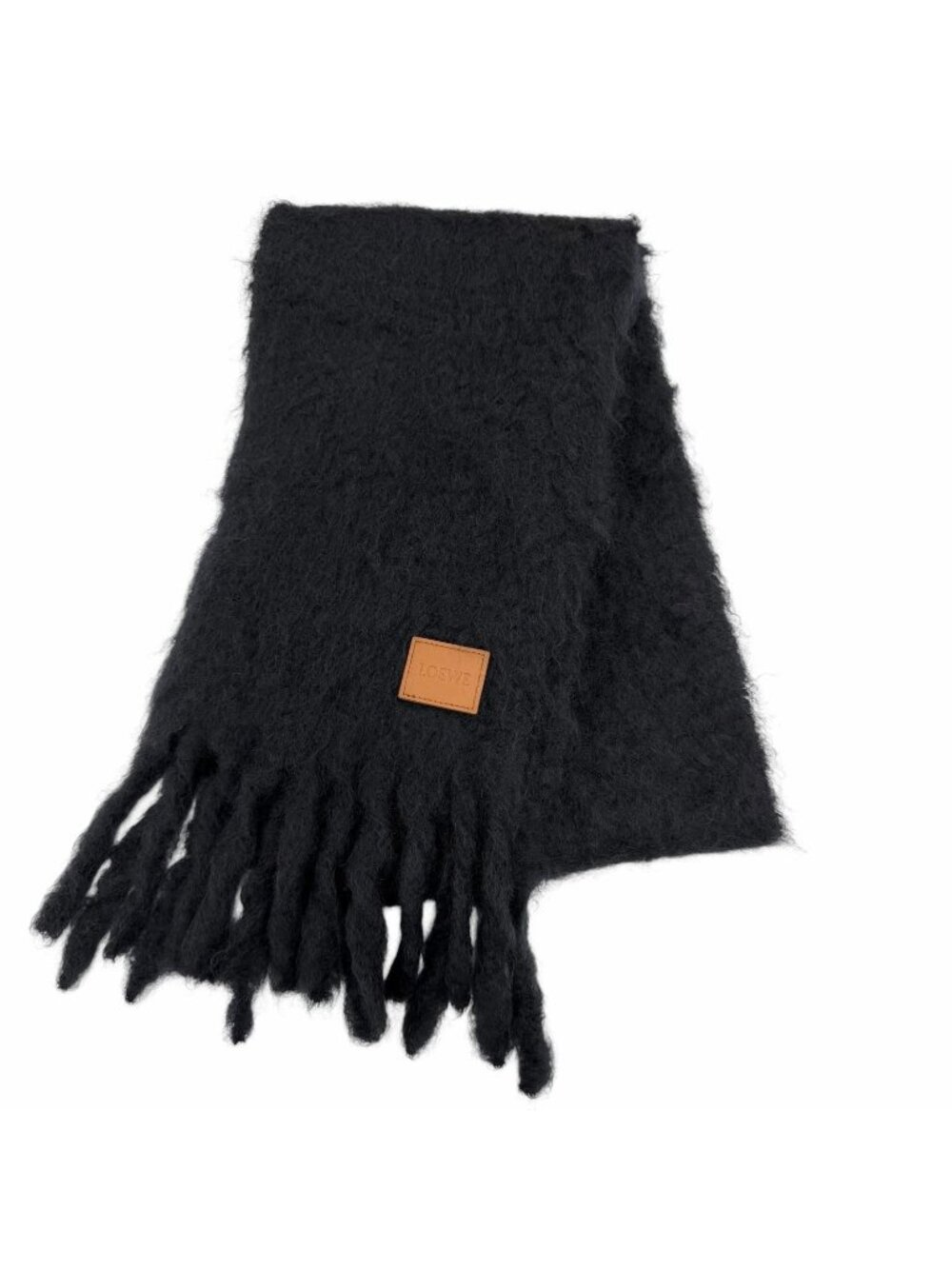 Loewe Mohair Wool Logo Leather Patch Fringe Scarf Dark Navy